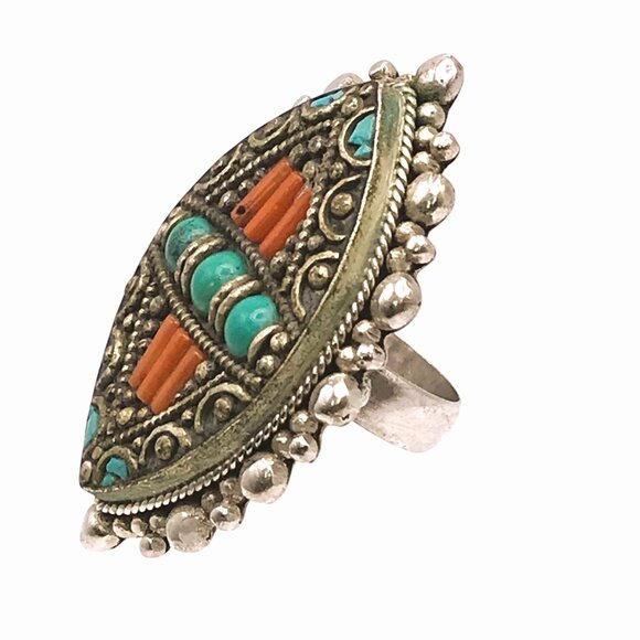 Tibetan Silver Coral Turquoise Ring Old Large Afghan Nepal Filigree Vintage - Picture 1 of 6